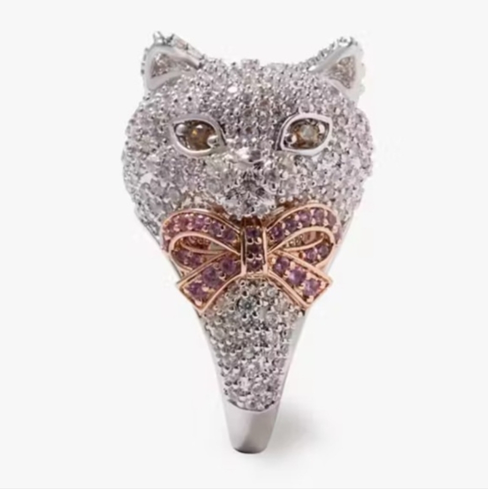 Kate Spade New York nwt  Pawlina silver pink bow kitty Cat Cocktail Ring 7